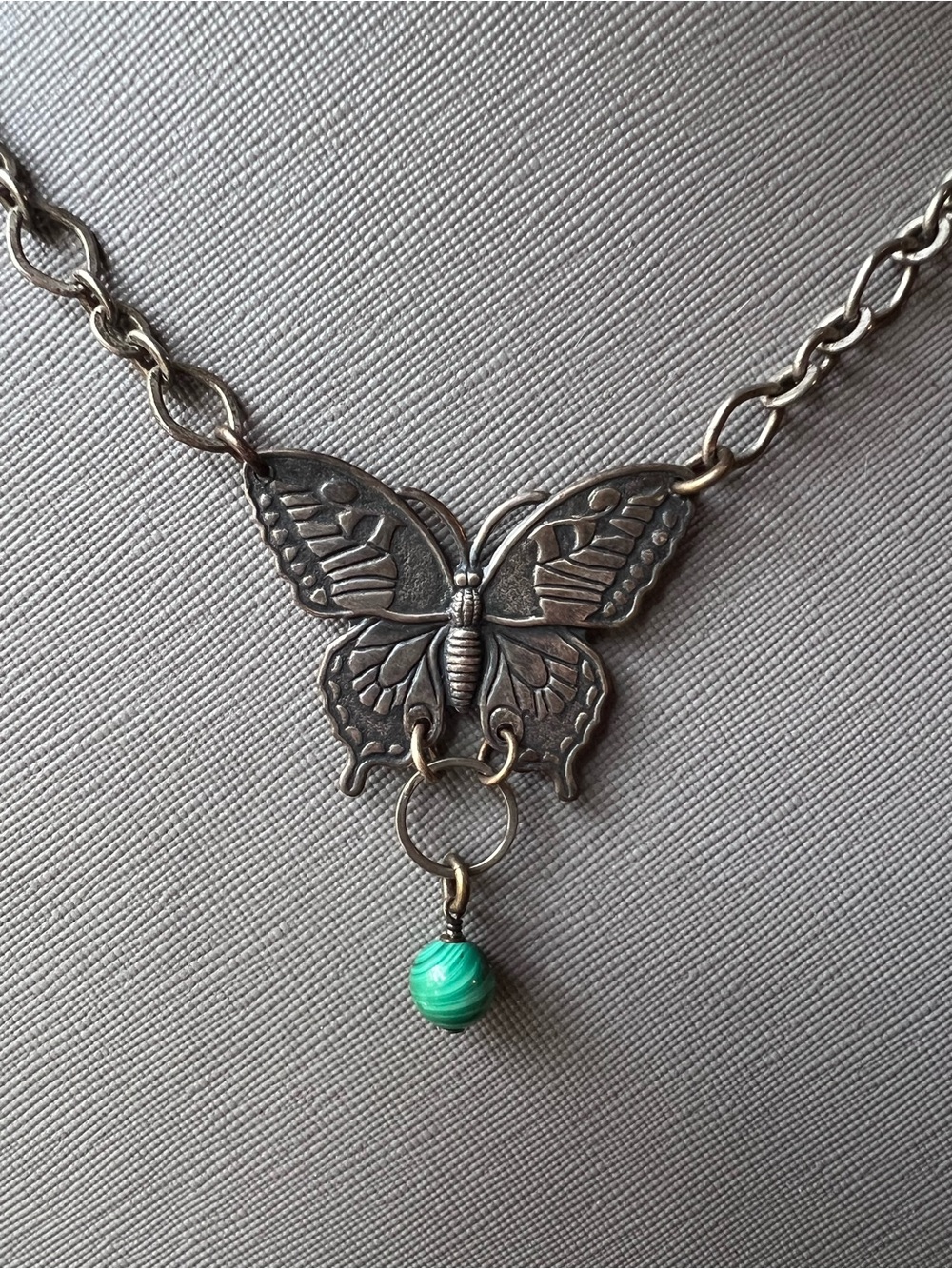 Whimsy goth Silver Butterfly Necklace with Green Stone Accent - Picture 2 of 9